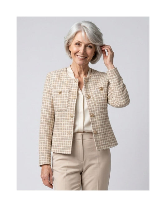 MXO Pied-De-Poule Jasje Met Zilveren Details Beige