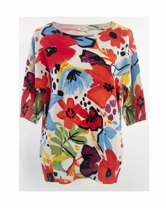 MXO multicolor bloemenprint voorjaarstruitje met ronde hals en elleboogmouw – Marijke Mode