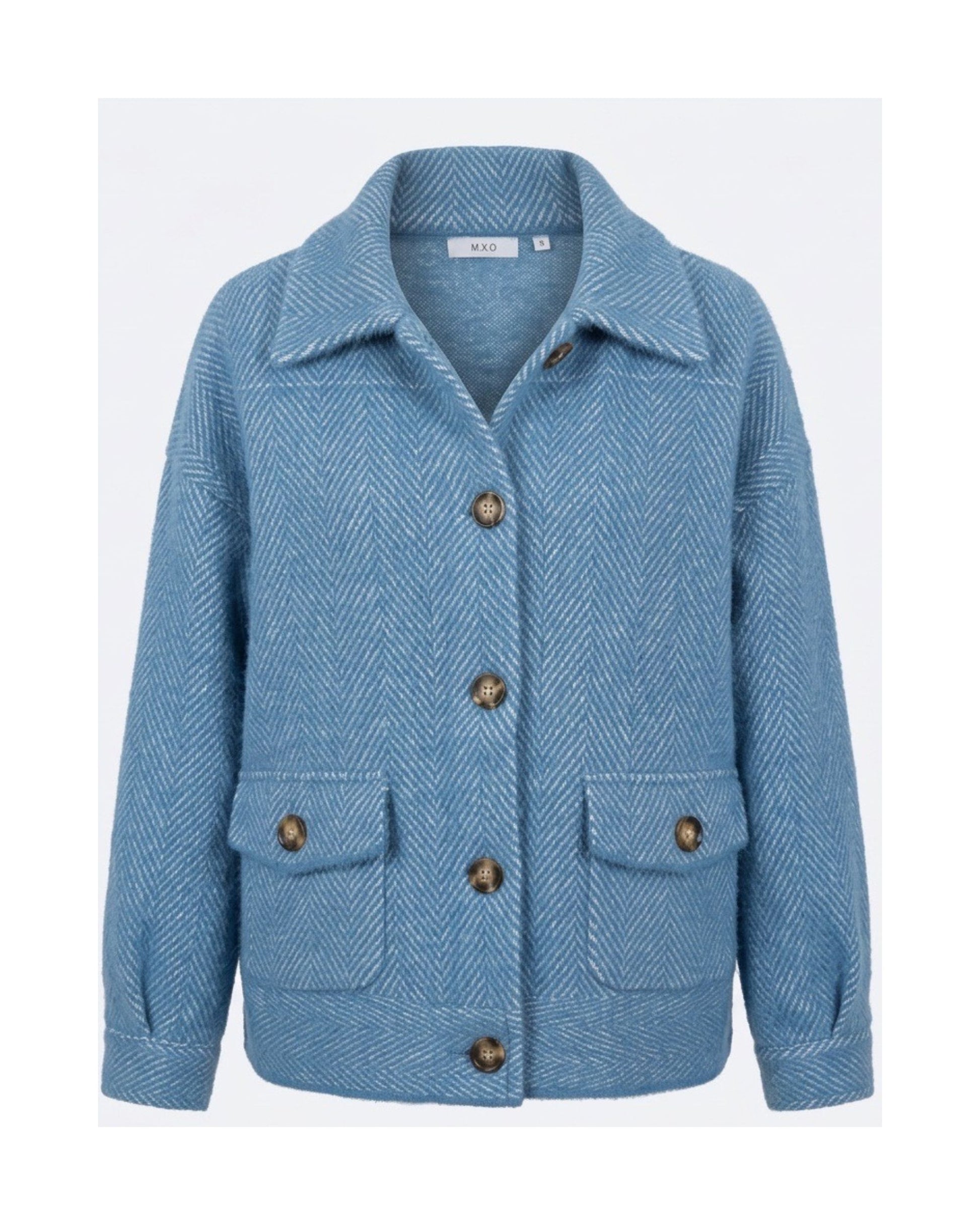 MXO zwaar vestjasje met kraag, knoopsluiting en klepzakken in gemêleerde kwaliteit, verkrijgbaar bij Marijke Mode.