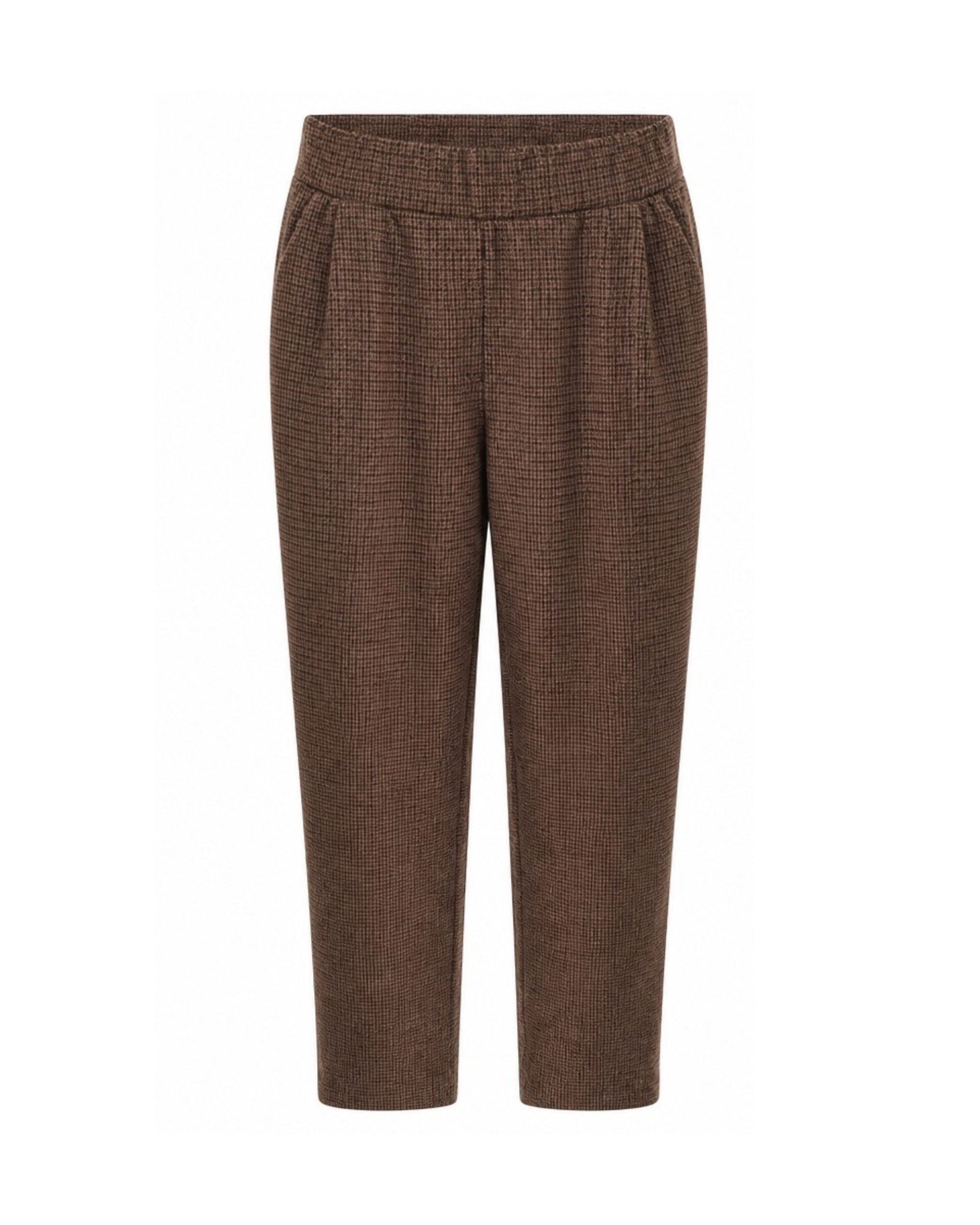 MXO dames instapbroek met print, brede elastische tailleband, steekzakken en normale lengtemaat, verkrijgbaar bij Marijke Mode