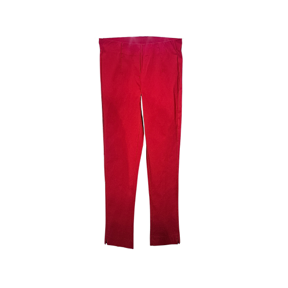 Instapbroek MXO met brede elastische tailleband en split onderaan, korte lengtemaat 78 cm, verkrijgbaar bij Marijke Mode in rood, indigoblauw, zwart en donkerblauw.