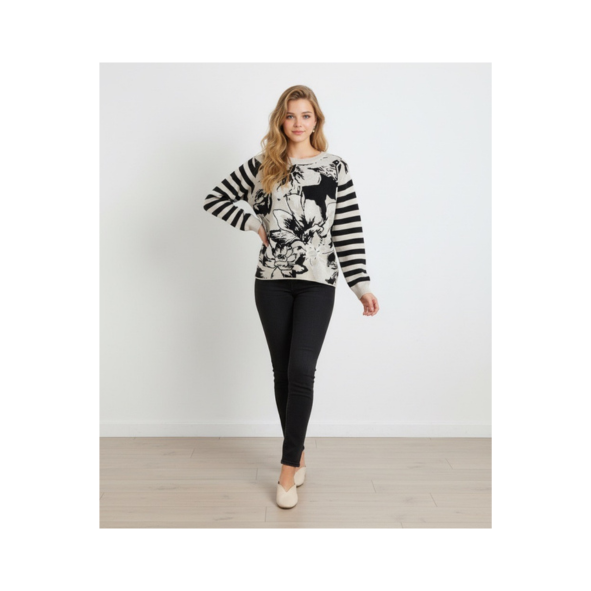 MXO Trui met Ronde hals Streep Zwart Wit