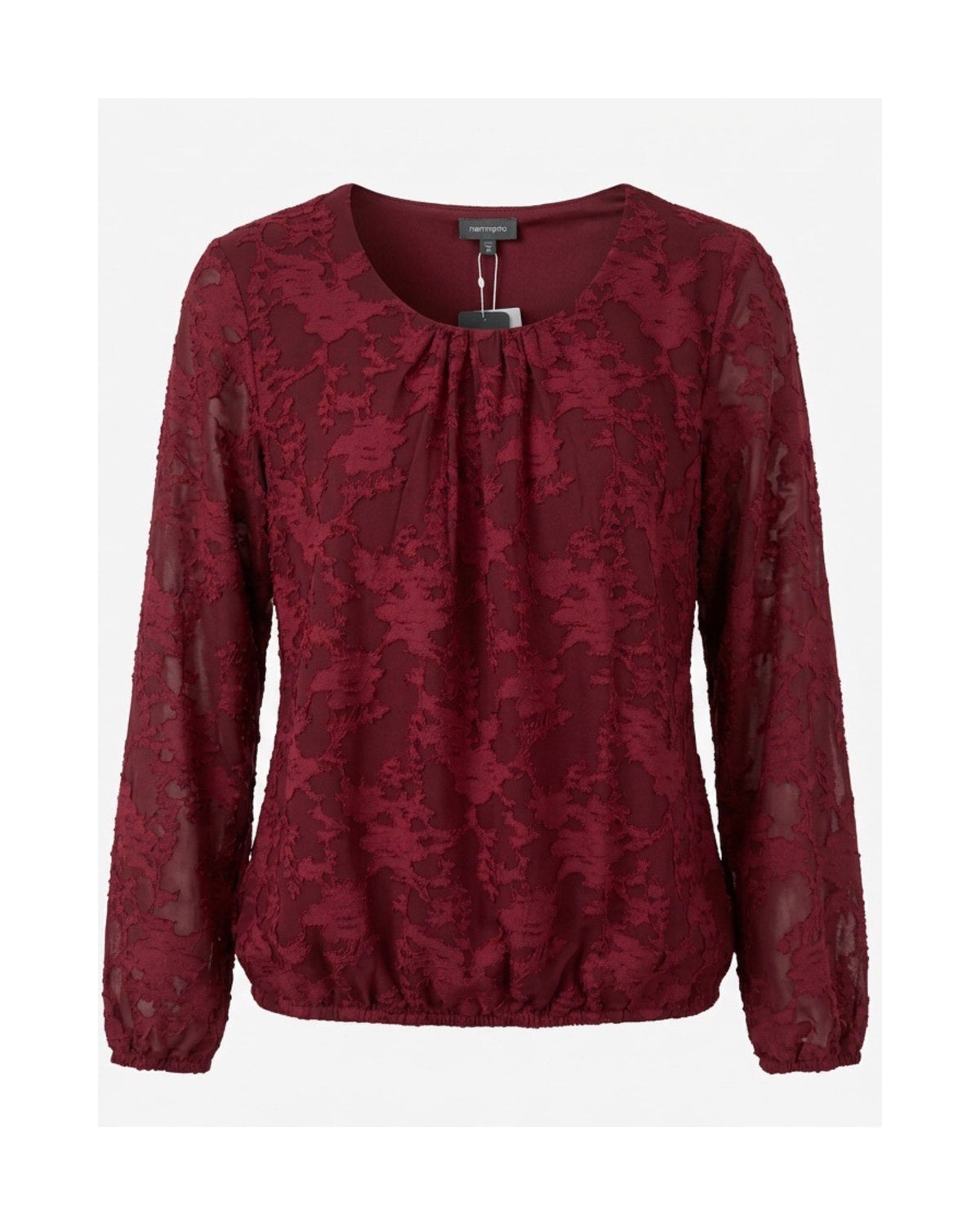 Bordeauxrood Marinello blousonshirt met ronde hals en licht doorschijnende kanten mouwen, verkrijgbaar bij Marijke Mode.