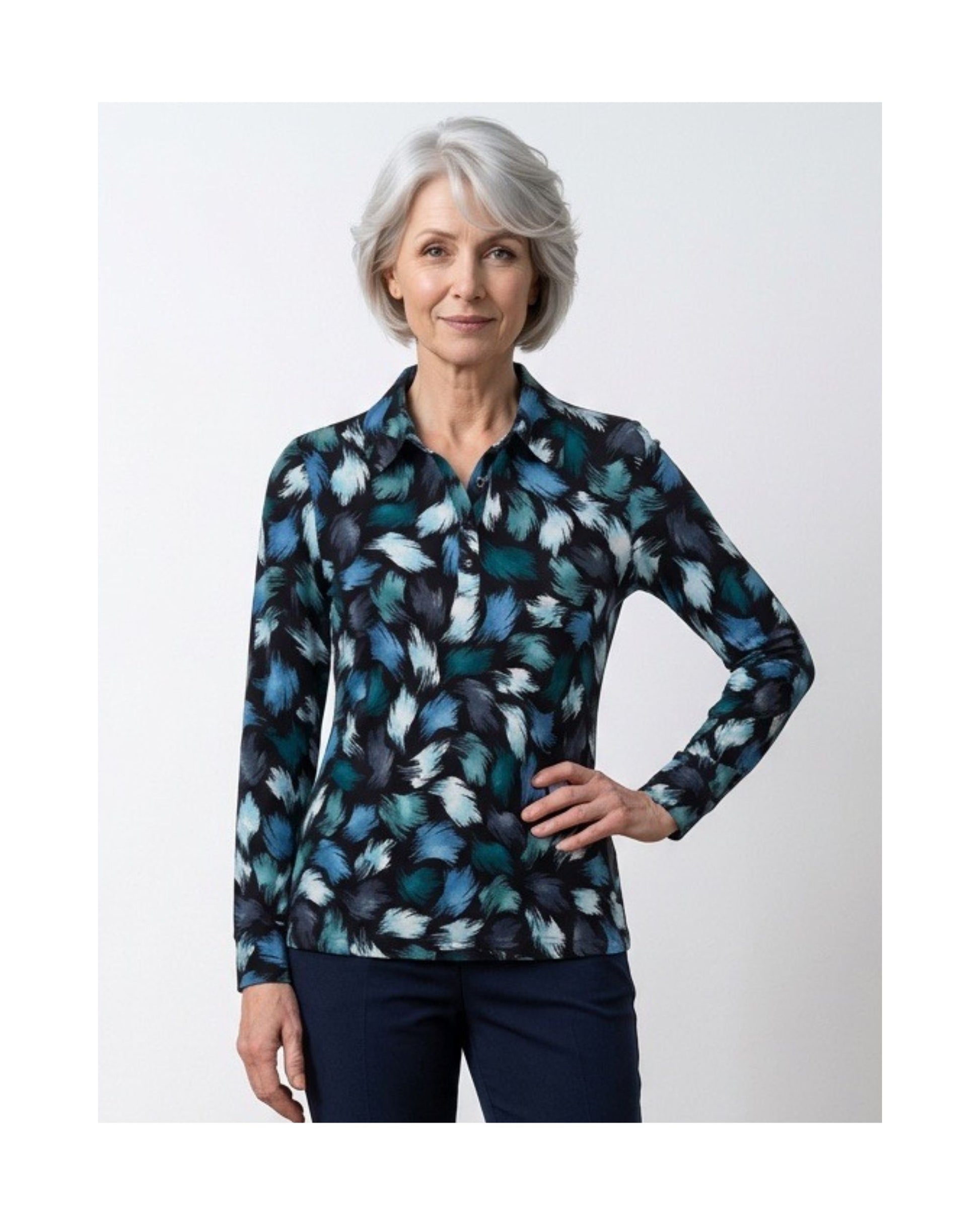 Marinello dames poloshirt met lange mouwen, polokraag en knoopsluiting in soepele viscose stretch, verkrijgbaar bij Marijke Mode.