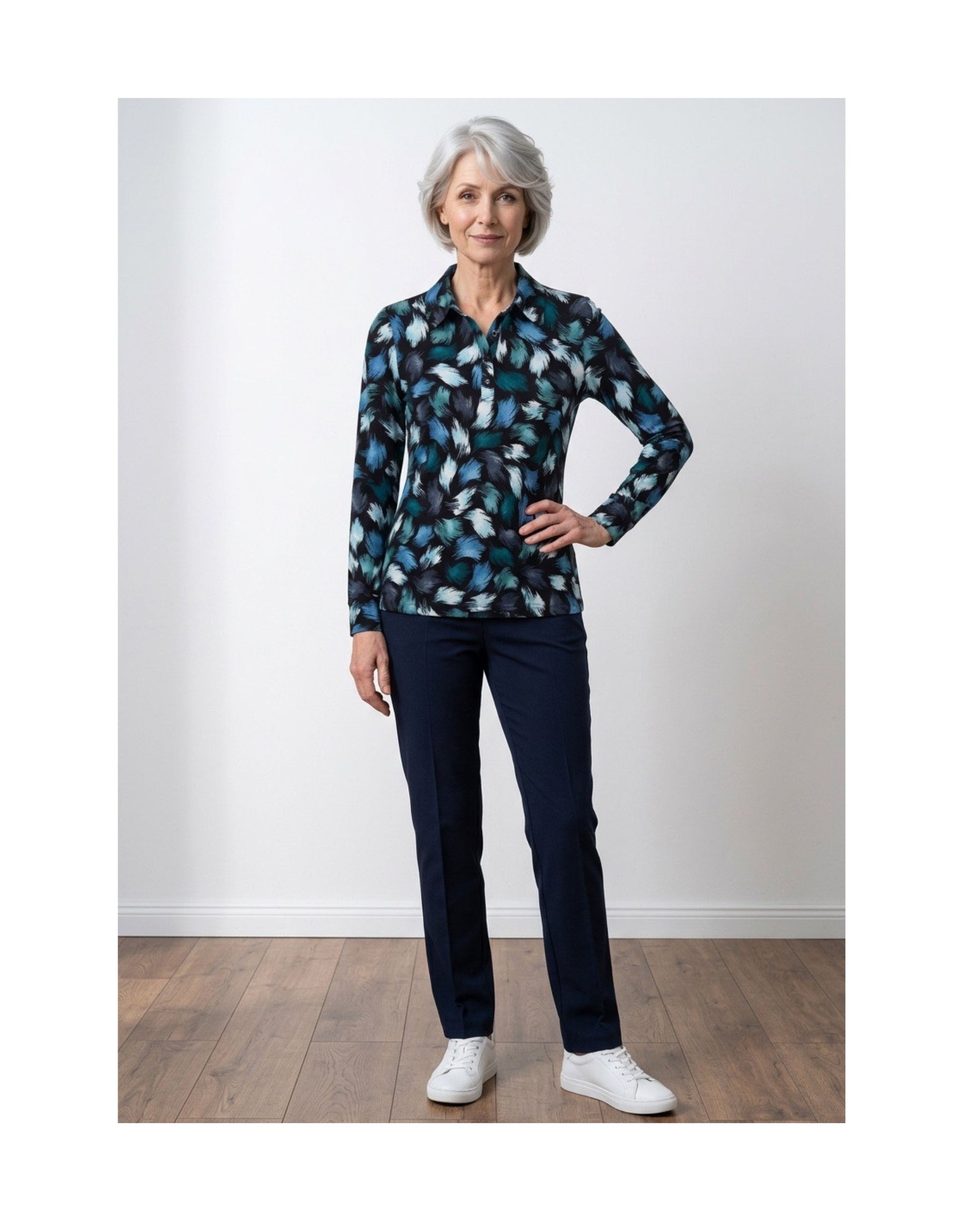 Marinello dames poloshirt met lange mouwen, polokraag en knoopsluiting in soepele viscose stretch, verkrijgbaar bij Marijke Mode.