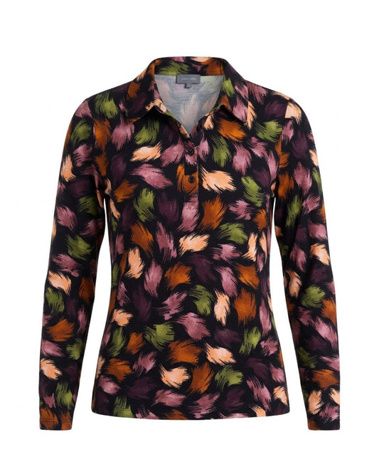 Marinello dames poloshirt met lange mouwen, polokraag en knoopsluiting in soepele viscose stretch, verkrijgbaar bij Marijke Mode.