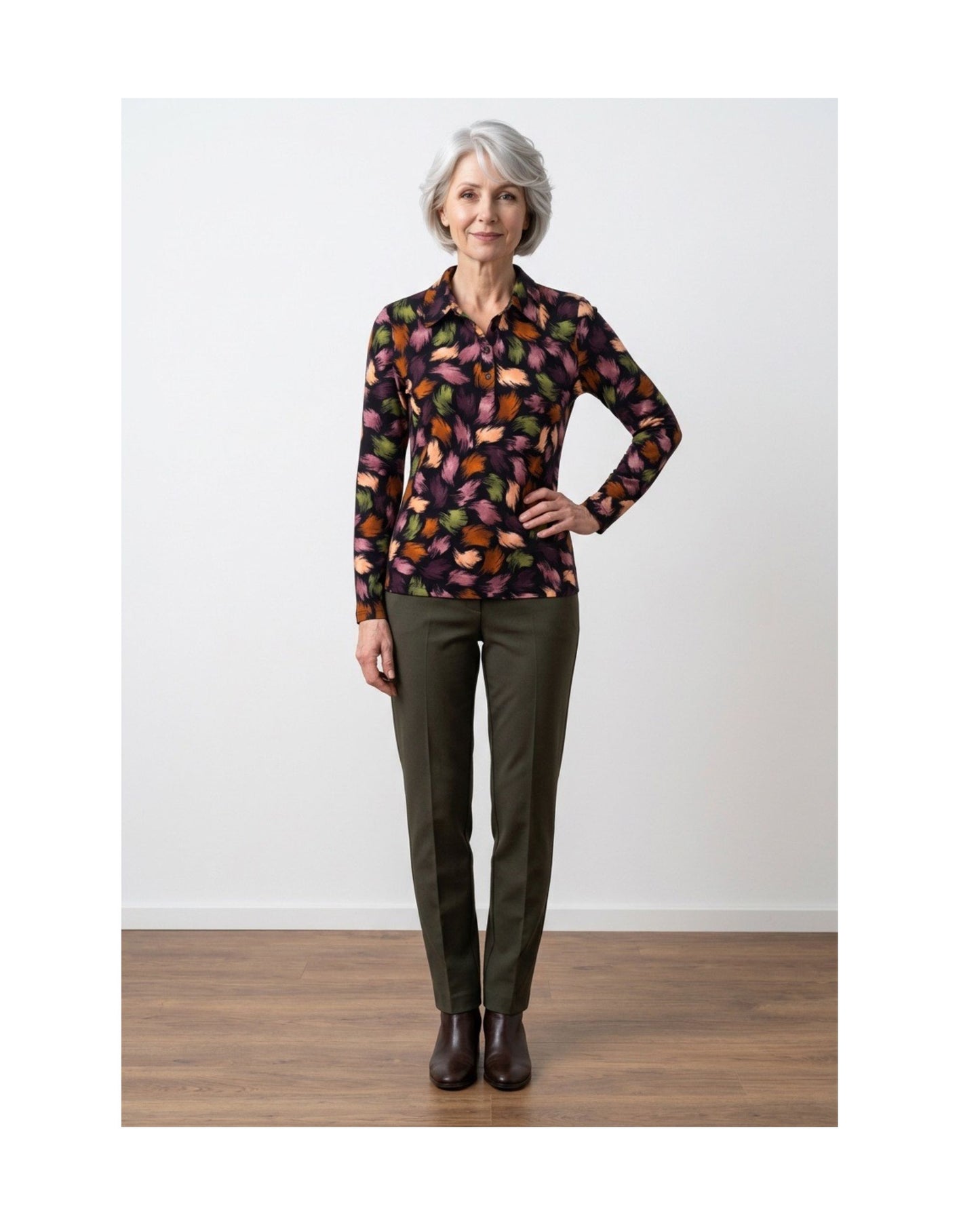 Marinello dames poloshirt met lange mouwen, polokraag en knoopsluiting in soepele viscose stretch, verkrijgbaar bij Marijke Mode.
