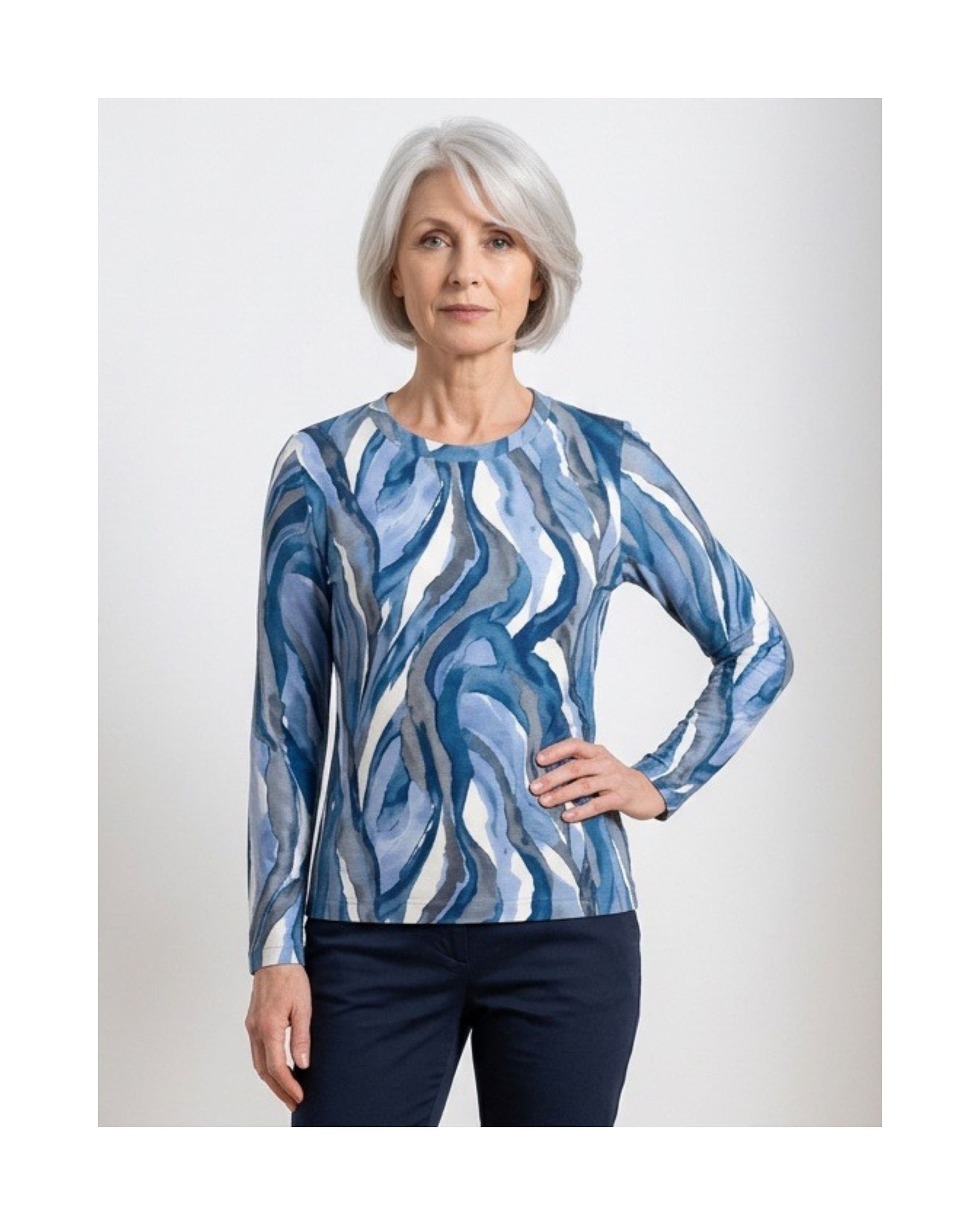 Marinello damesshirt van ribbelstof met ronde hals en driekwartmouwen verkrijgbaar bij Marijke Mode