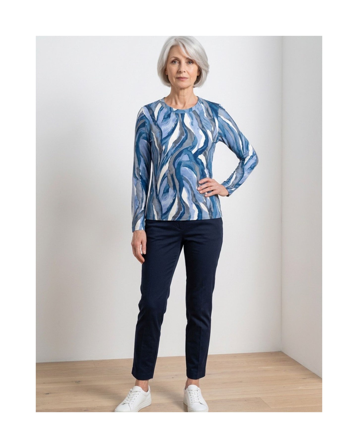 Marinello damesshirt van ribbelstof met ronde hals en driekwartmouwen verkrijgbaar bij Marijke Mode