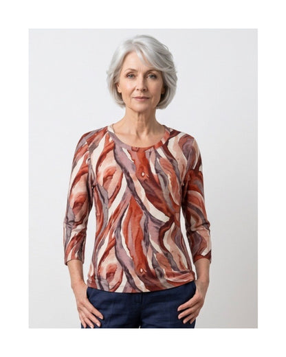 Marinello damesshirt van ribbelstof met ronde hals en driekwartmouwen verkrijgbaar bij Marijke Mode