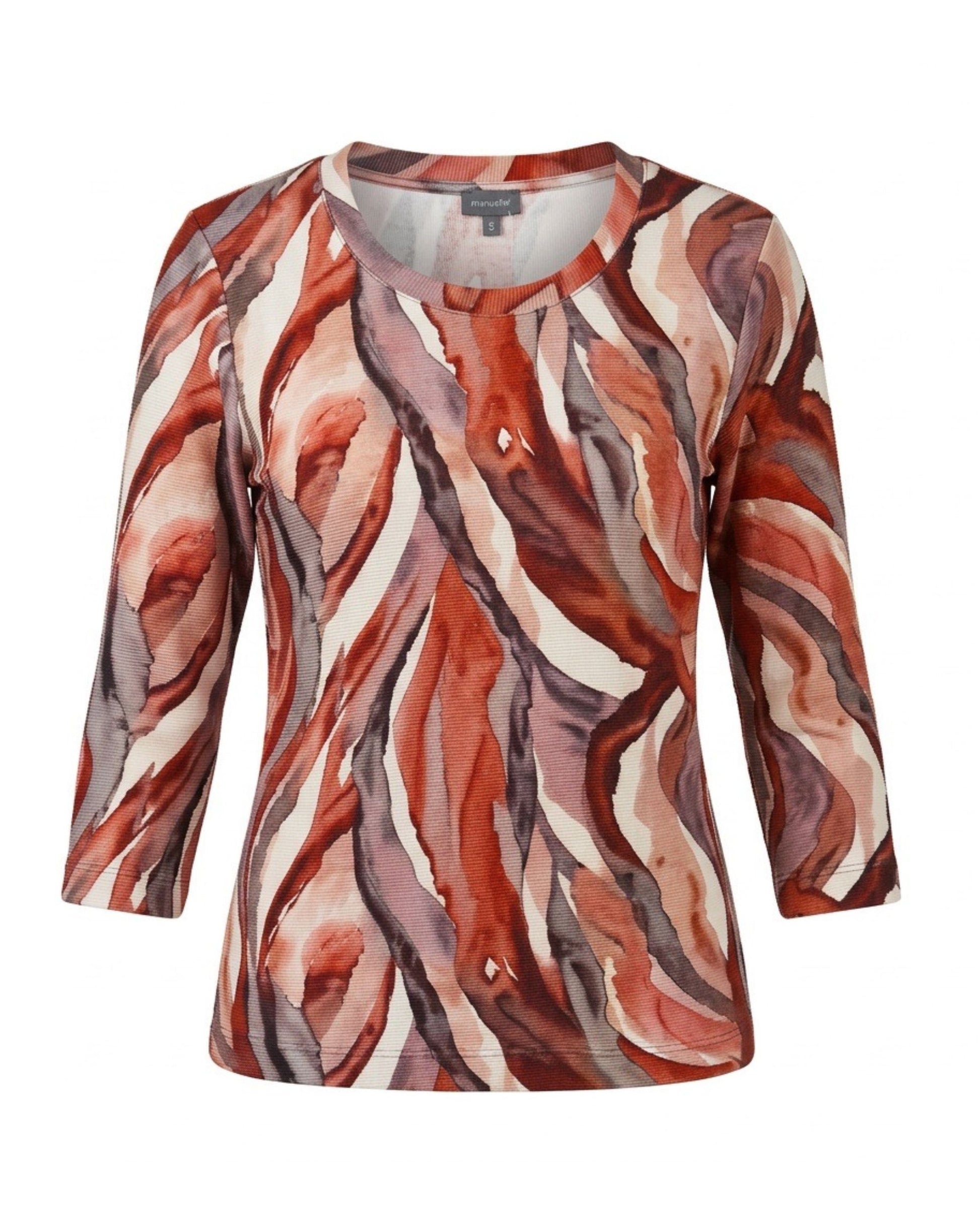 Marinello damesshirt van ribbelstof met ronde hals en driekwartmouwen verkrijgbaar bij Marijke Mode