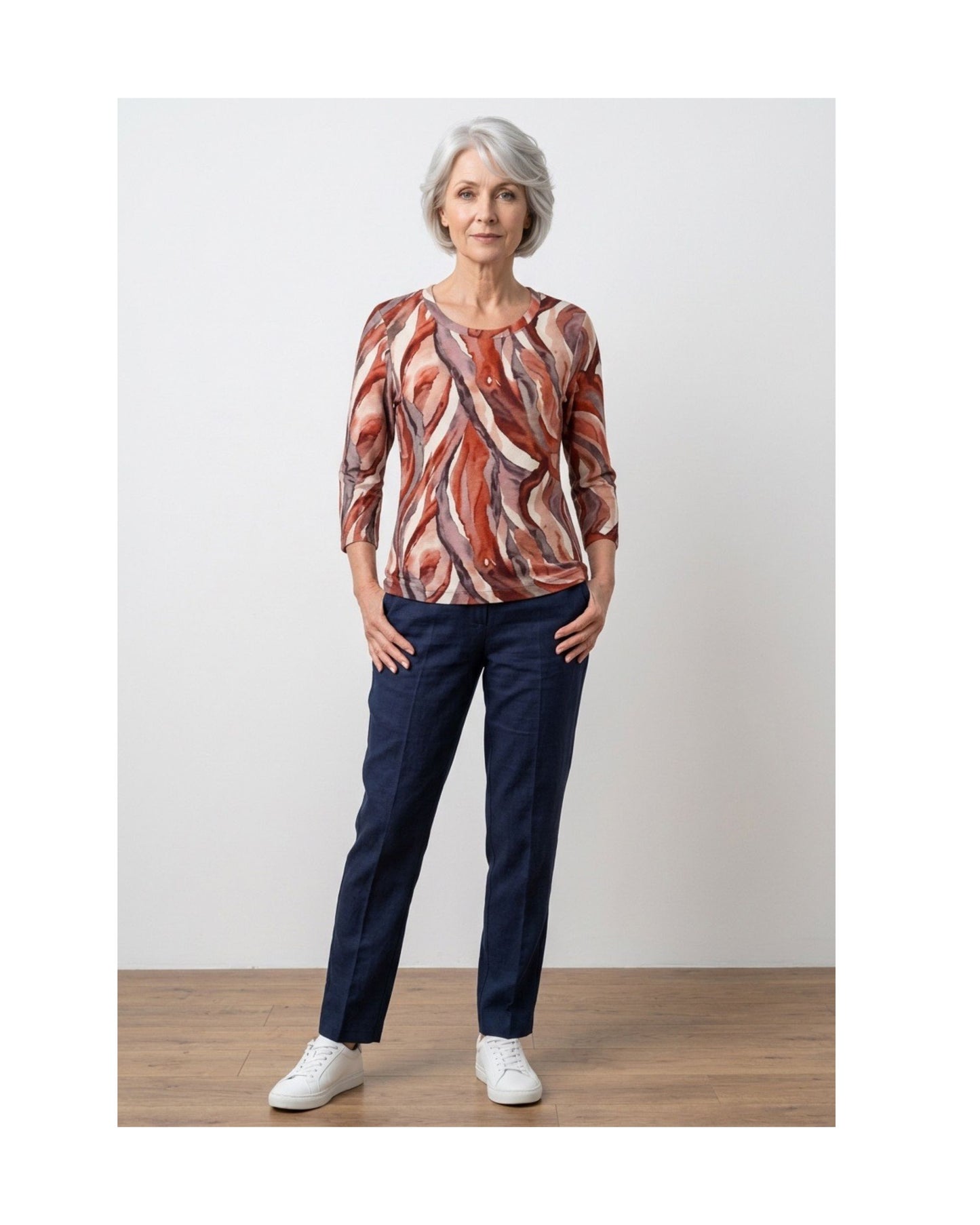 Marinello damesshirt van ribbelstof met ronde hals en driekwartmouwen verkrijgbaar bij Marijke Mode