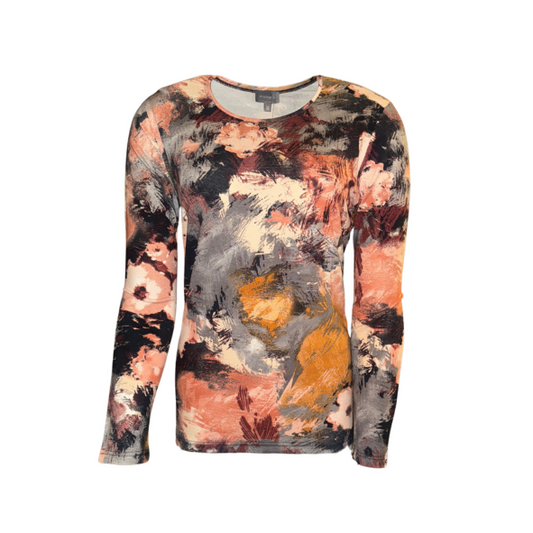 Marinello T-shirt lange mouwen met ronde hals – damesmode bij Marijke Mode, bloemenprint in terra, bordeaux en grijs, recht model met comfortabele pasvorm