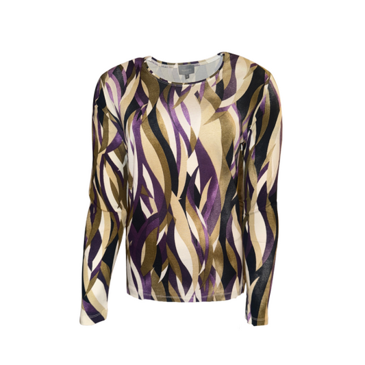 Marinello T-shirt lange mouwen met ronde hals – damesmode bij Marijke Mode, strependessin in olijfgroen, paars, wit en crème, comfortabele pasvorm.