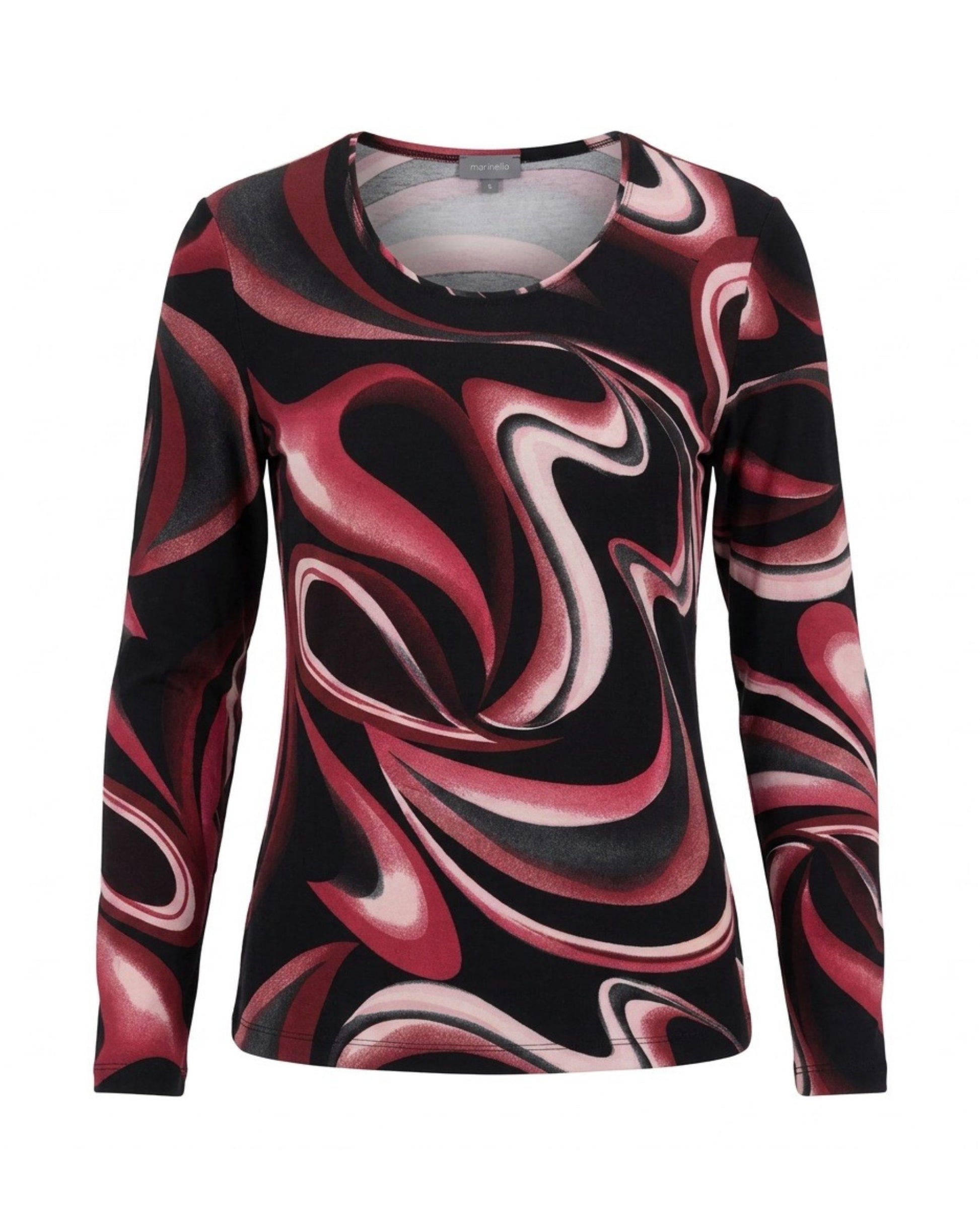 Marinello dames shirt met ronde hals, lange mouwen en stijlvol najaarsdessin in soepele viscose stretch, verkrijgbaar in twee kleuren.