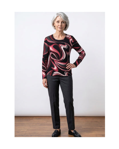 Marinello dames shirt met ronde hals, lange mouwen en stijlvol najaarsdessin in soepele viscose stretch, verkrijgbaar in twee kleuren.