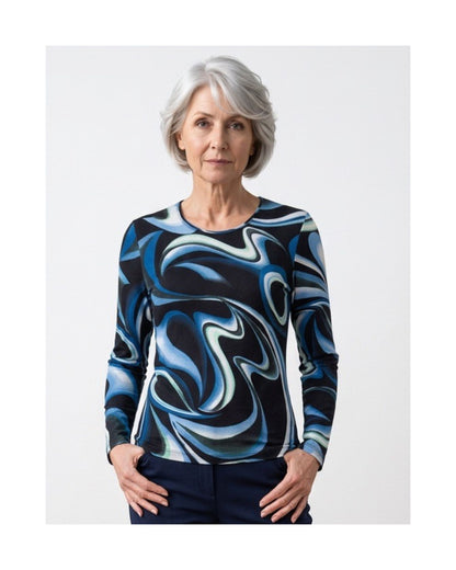 Marinello dames shirt met ronde hals, lange mouwen en stijlvol najaarsdessin in soepele viscose stretch, verkrijgbaar in twee kleuren.