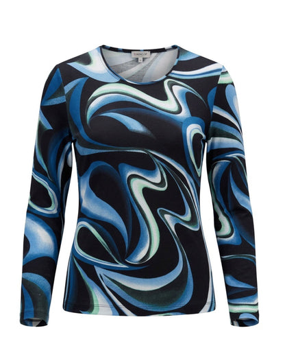 Marinello dames shirt met ronde hals, lange mouwen en stijlvol najaarsdessin in soepele viscose stretch, verkrijgbaar in twee kleuren.