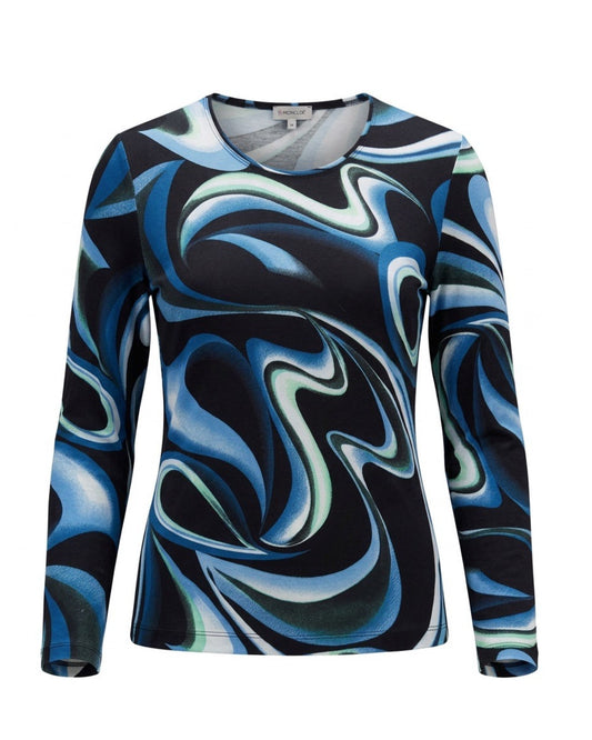 Marinello dames shirt met ronde hals, lange mouwen en stijlvol najaarsdessin in soepele viscose stretch, verkrijgbaar in twee kleuren.