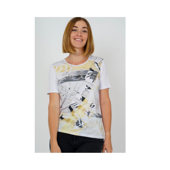 een tshirt met ronde hals en driekwartmouwen van het merk Marinello. Aangeboden door Marijke Mode. betaalbare mode voor ouderen senioren dames