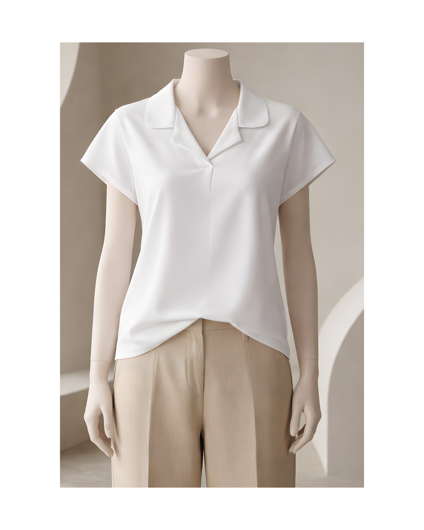 Marinello polo-top unikleur beige met platte V-hals en korte kapmou bij Marijke Mode