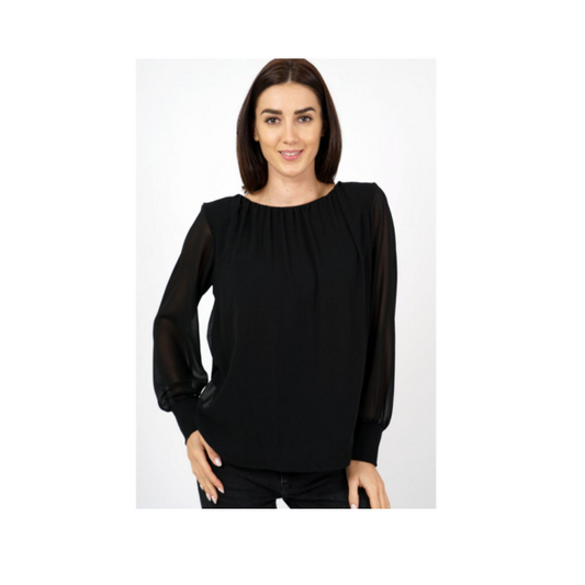 Marinello luxe T-shirt met gesmokte hals en lange transparante mouwen, verkrijgbaar in bordeaux, burgundy en zwart bij Marijke Mode.
