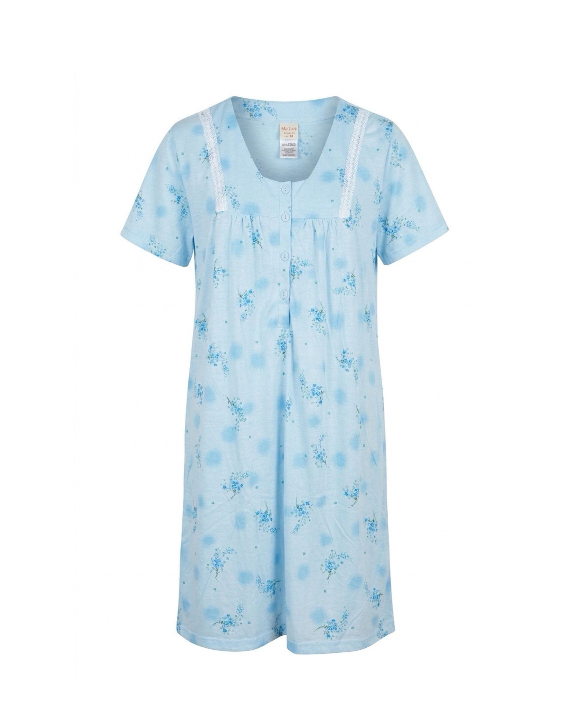 Lichtblauwe dames nachtjapon van 100% katoen met bloemenprint verkocht door Marijke Mode