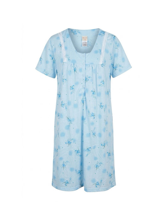 Lichtblauwe dames nachtjapon van 100% katoen met bloemenprint verkocht door Marijke Mode