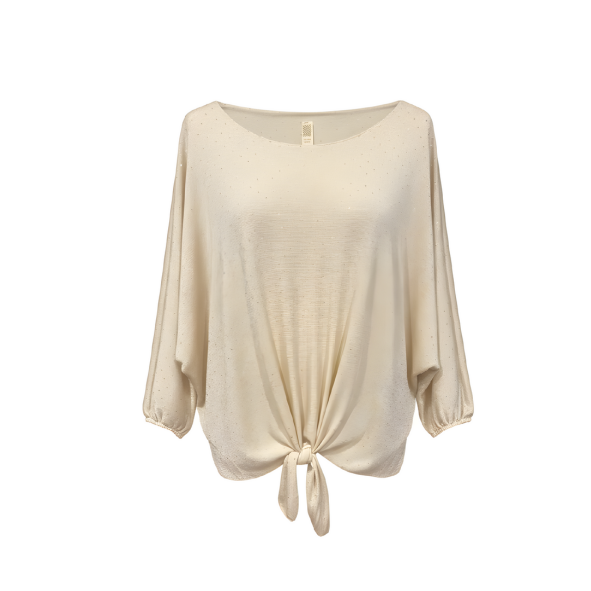 One-size dames T-shirt met ronde hals, ballonmouwen en subtiele strass, met knoopdetail onderaan, in lichtblauw of beige – Marijke Mode