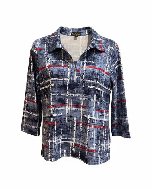 Poloshirt met driekwart mouwen en ritssluiting in indigoblauw en rood van Marijke Mode