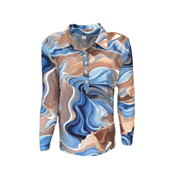 Polo shirt met lange mouw in licht- en donkerblauw streepoverloop met taupe accenten, recht model met splitjes – verkrijgbaar bij Marijke Mode damesmode maten 38-52