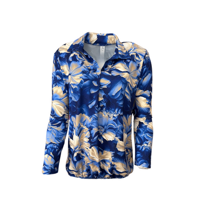 Blouson polo shirt met lange mouwen en gesloten V-hals met inzetnetje, zachte viscosemix, elastiek aan de onderzijde, verkrijgbaar in meerdere kleuren bij Marijke Mode."