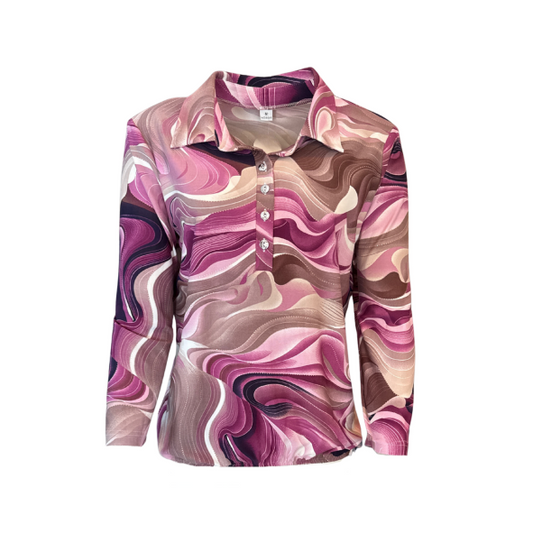 Polo blouson shirt met lange mouw in oudroze, fuchsia en crème kleuren, met zilveren knopen en elastiek onderaan – verkrijgbaar bij Marijke Mode damesmode maten 38-52"