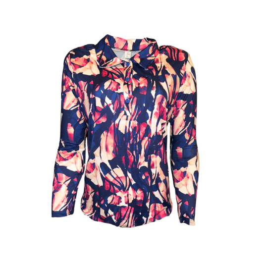 blouson poloshirt met elastiej en knopen en kraag. bij marijke mode