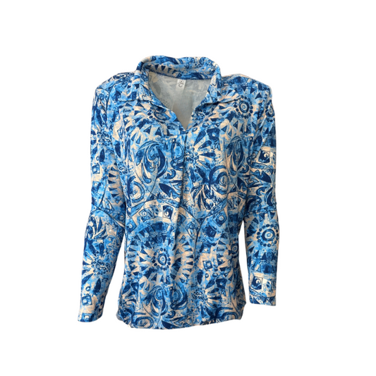Blouson polo shirt met lange mouwen en gesloten V-hals met inzetnetje, zachte viscosemix, elastiek aan de onderzijde, verkrijgbaar in meerdere kleuren bij Marijke Mode."