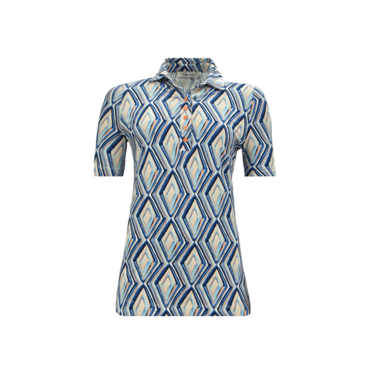 dames poloshirt van het merk sensia fashion gemaakt van viscose in de kleur  blauw. Poloshirt met kraag en knopen. Marijke ,Mode hippe senioren mode