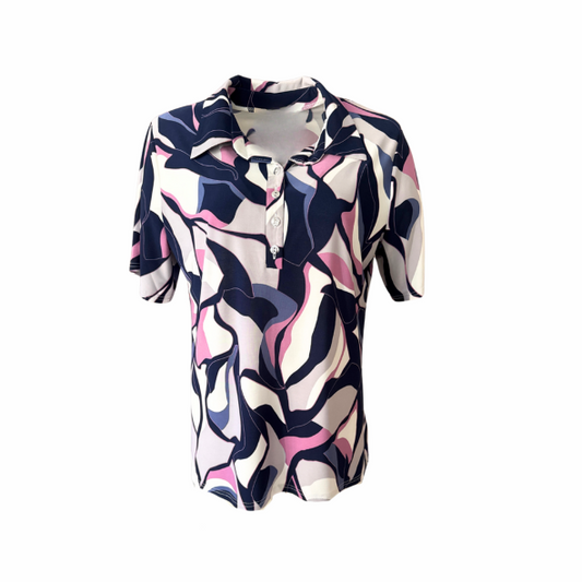 Poloshirt Print Donkerblauw Roze Wit
