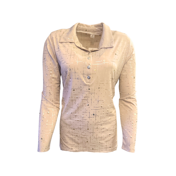 Feestelijk dames poloshirt met sparkling-details, lange mouwen en polokraag – verkrijgbaar bij Marijke Mode.