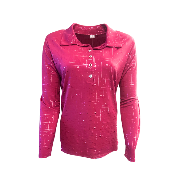Feestelijk dames poloshirt met sparkling-details, lange mouwen en polokraag – verkrijgbaar bij Marijke Mode.