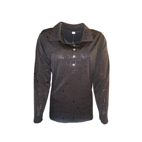 Feestelijk dames poloshirt met sparkling-details, lange mouwen en polokraag – verkrijgbaar bij Marijke Mode.