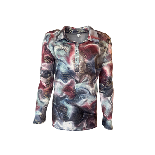 “Dames polo van soepele dunne viscosemix met glans – recht model met kraag en knopen – Marijke Mode”