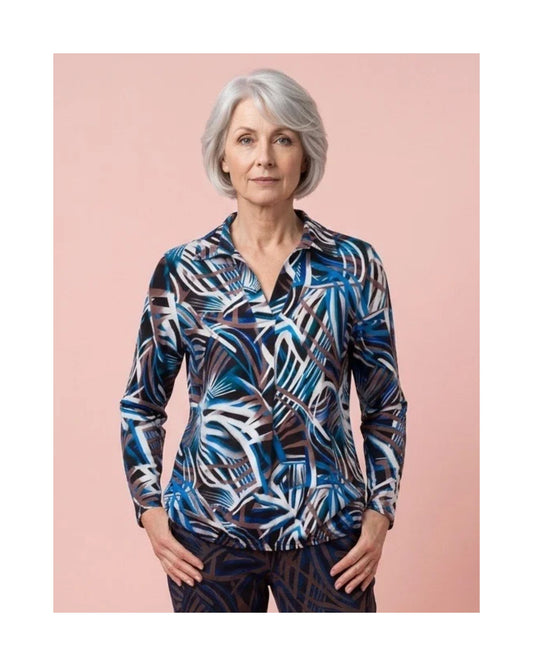 Blouson poloshirt met kraagje, bescheiden V-hals, lange mouwen en elastiek aan de onderkant.