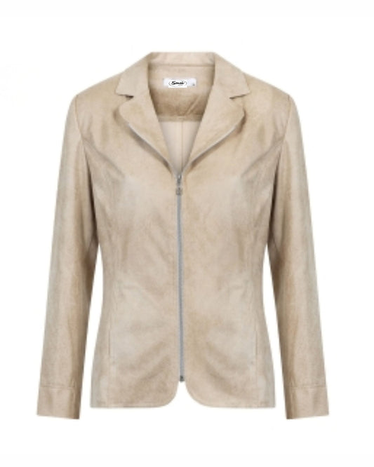 Sensia Fashion Zira blazer zand melange leatherlook dames blazer met reverskraag bij marijkemode