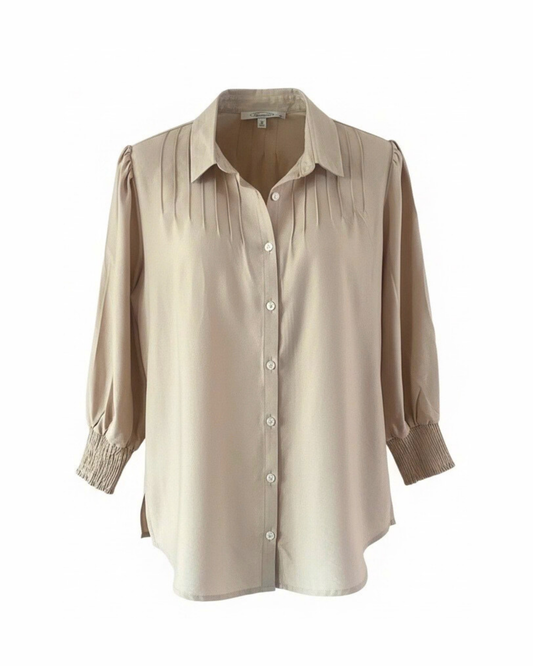 Sensia Fashion Anjetta blouse met kraag, knopen en driekwart gesmokte mouwen