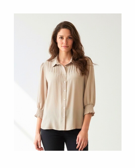 Sensia Fashion Anjetta blouse met kraag, knopen en driekwart gesmokte mouwen