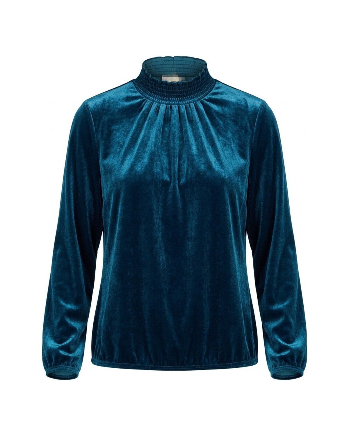 Sensia Fashion Alexia velvet koltop met gesmokte kraag en lange mouwen. Chique blousonmodel met subtiele glans in verschillende unikleuren.