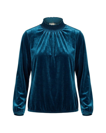Sensia Fashion Alexia velvet koltop met gesmokte kraag en lange mouwen. Chique blousonmodel met subtiele glans in verschillende unikleuren.