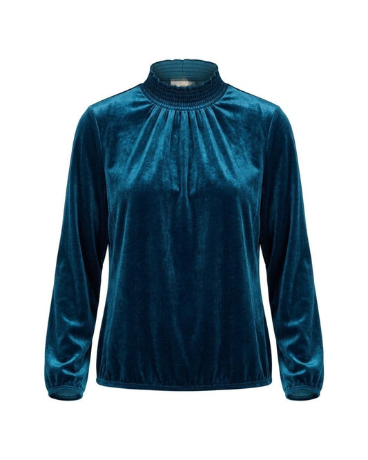 Sensia Fashion Alexia velvet koltop met gesmokte kraag en lange mouwen. Chique blousonmodel met subtiele glans in verschillende unikleuren.