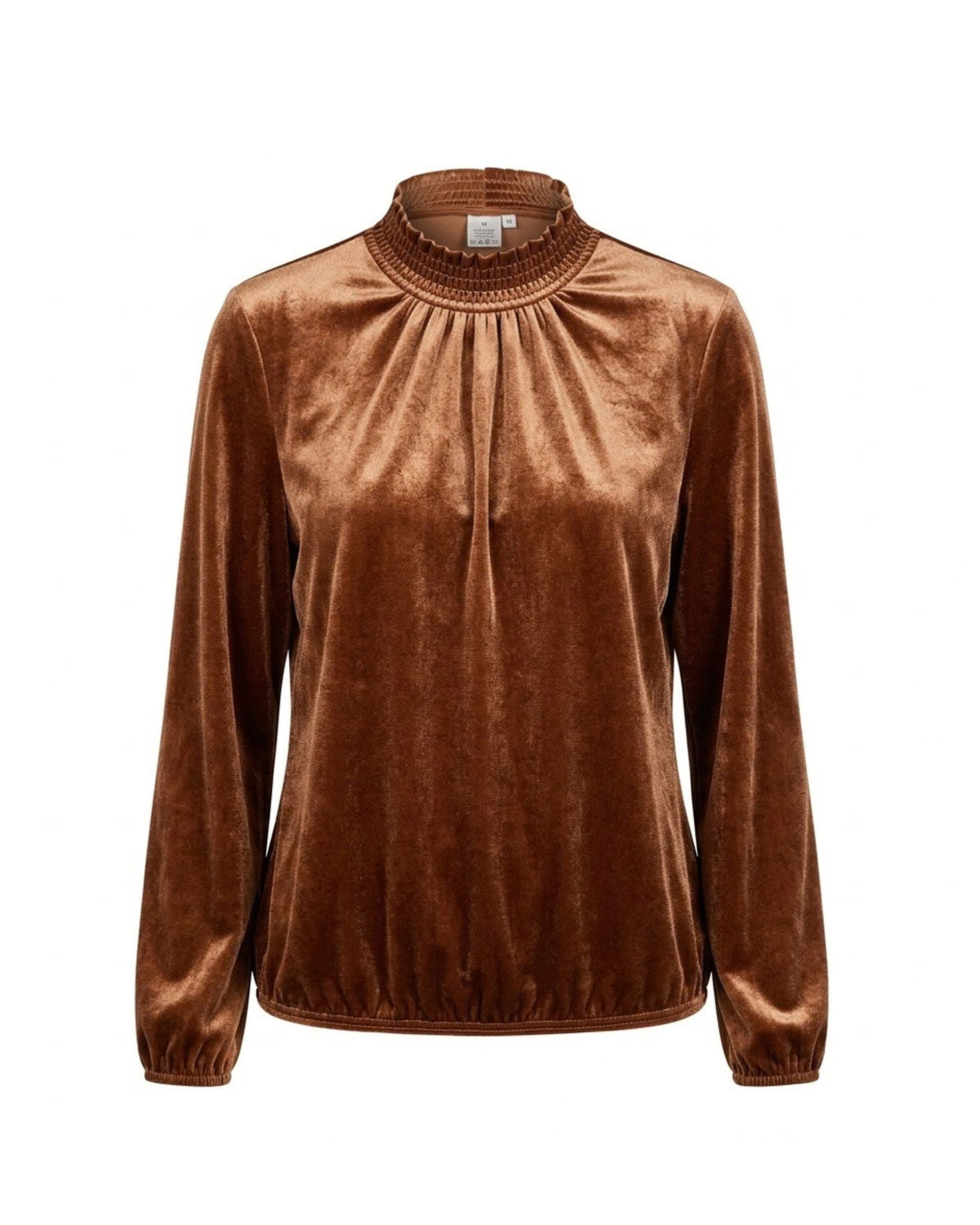 Sensia Fashion Alexia velvet koltop met gesmokte kraag, lange mouwen en elastiek bij de polsen en onderzijde, verkrijgbaar bij Marijke Mode.