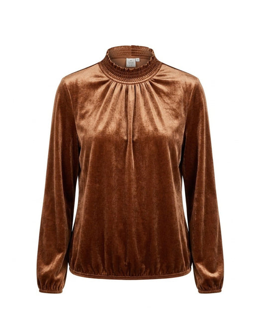 Sensia Fashion Alexia velvet koltop met gesmokte kraag, lange mouwen en elastiek bij de polsen en onderzijde, verkrijgbaar bij Marijke Mode.